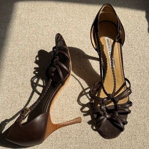 Manolo Blahnik Dark Brown Leather Braided Strappy Heels